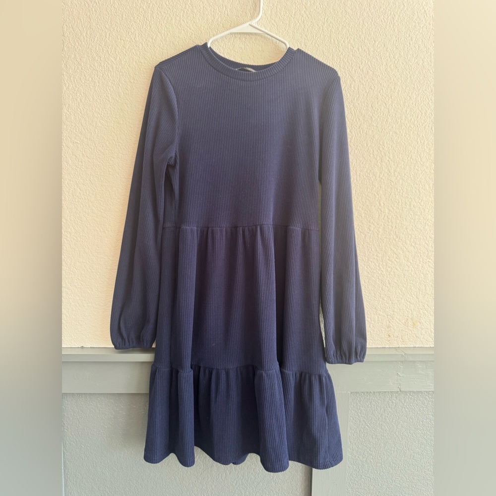 Navy Ribbed Tiered Long Sleeve Swing Dress Size L